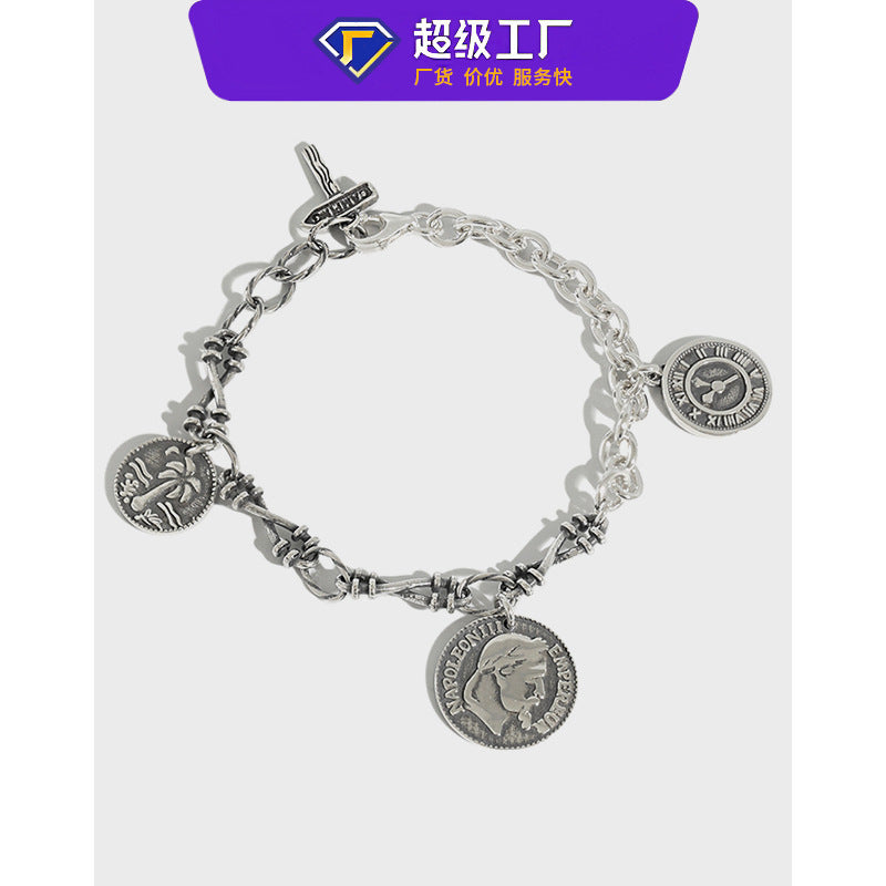 YHT001 Korean S925 sterling silver Heavy Industry vintage Napoleon head coin tag chain bracelet women's silver jewelry