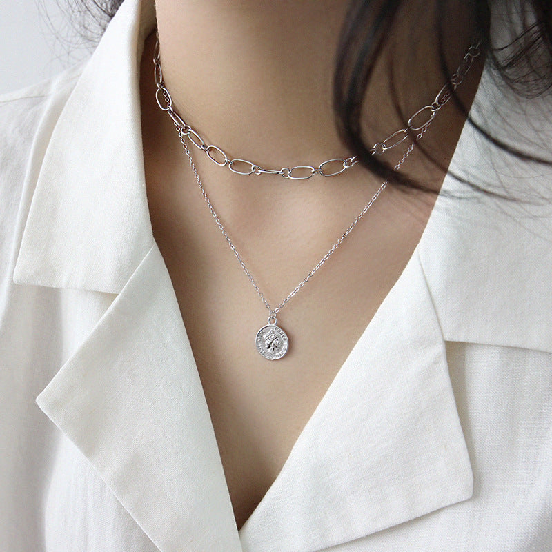 916 Korean S925 sterling silver necklace retro INS geometric portrait round brand coin women's necklace collarbone silver chain jewelry