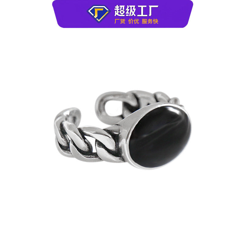 AR1856 Japanese and Korean S925 sterling Silver retro personality black drip chain open index finger ring