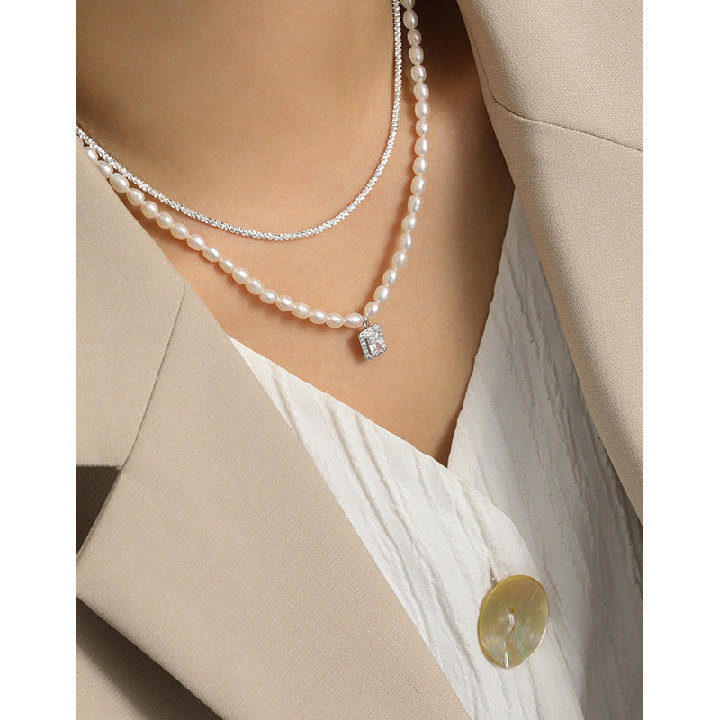 XT327 Korean version of INSTAGRAM niche design sense temperament with fresh water pearl micro-inset zircon S925 sterling silver necklace female