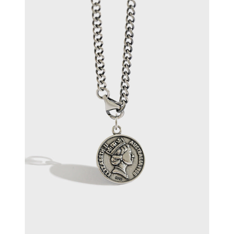 HXL473 European gold coin collarbone chain Pendant Vintage Elizabeth do old coin S925 sterling silver round brand necklace