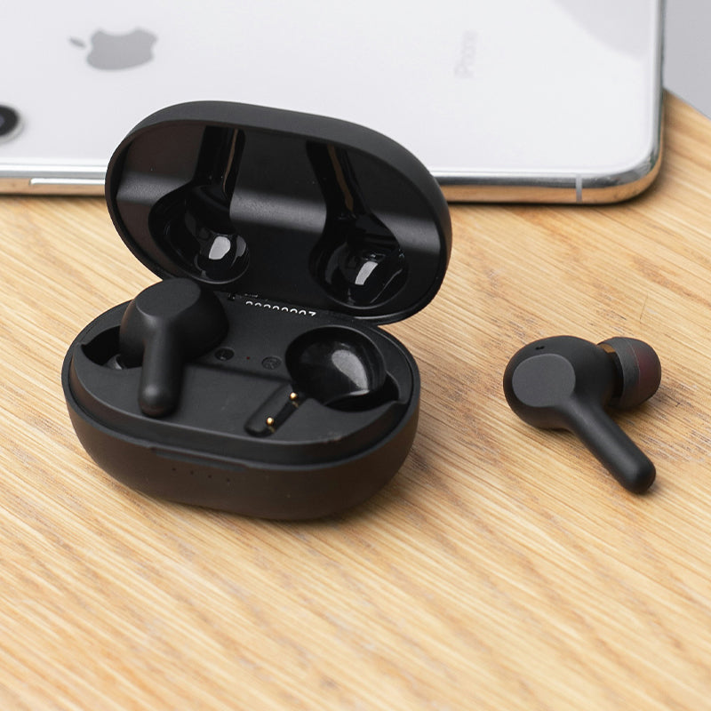 Black Bluetooth earphones clear and noise cancellable