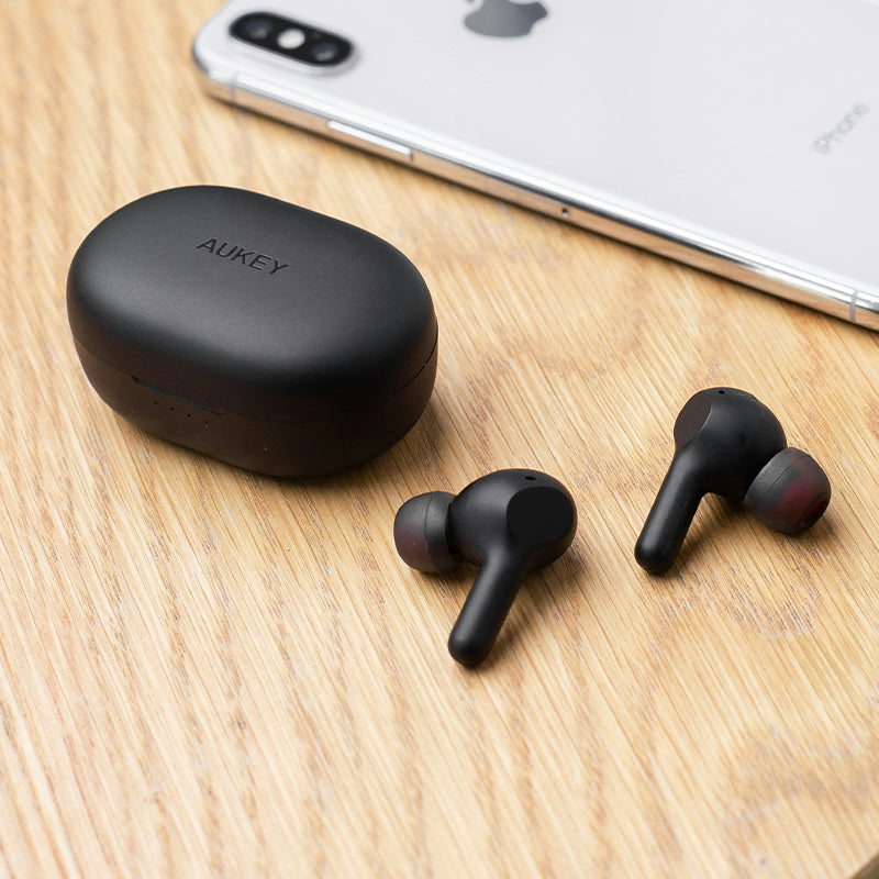 Black Bluetooth earphones clear and noise cancellable