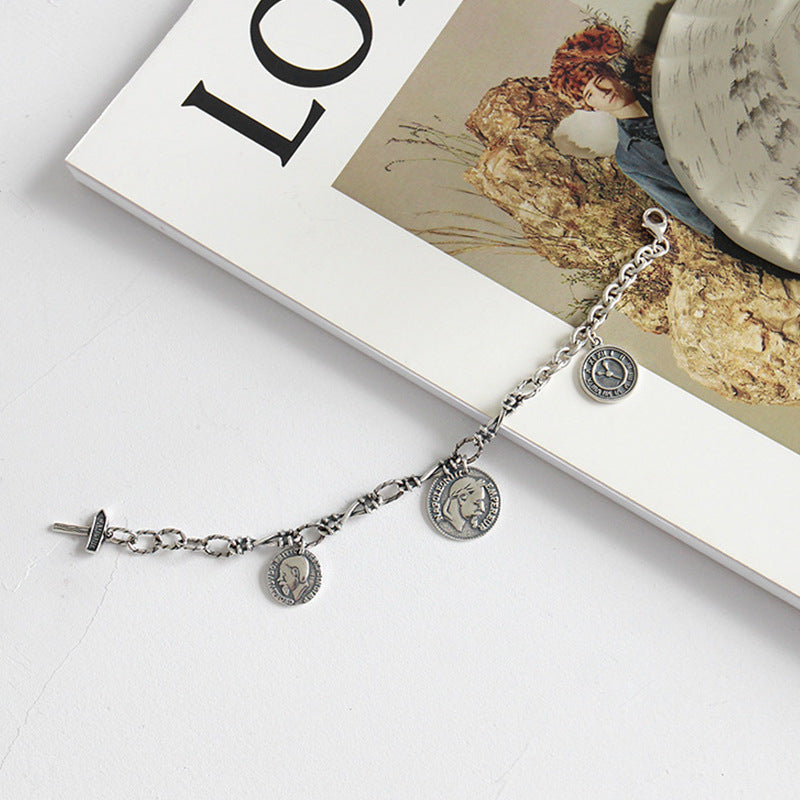 YHT001 Korean S925 sterling silver Heavy Industry vintage Napoleon head coin tag chain bracelet women's silver jewelry