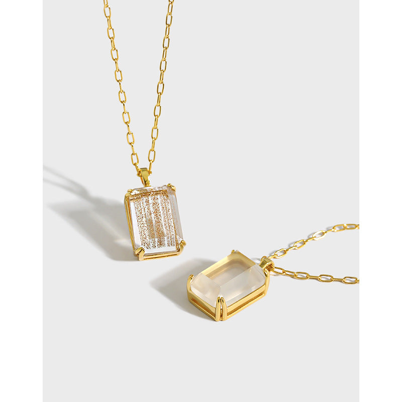 500 Korean version of ins niche retro light luxury texture geometric square gold sand stone white crystal S925 sterling silver necklace female