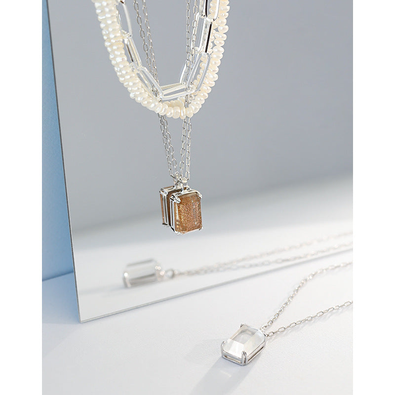 500 Korean version of ins niche retro light luxury texture geometric square gold sand stone white crystal S925 sterling silver necklace female