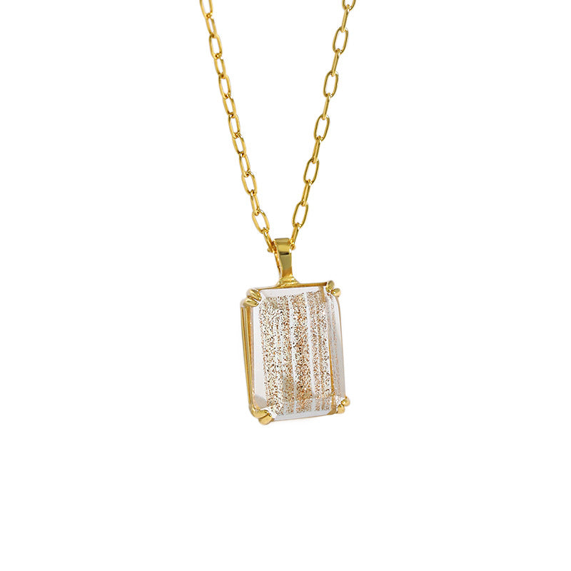 500 Korean version of ins niche retro light luxury texture geometric square gold sand stone white crystal S925 sterling silver necklace female