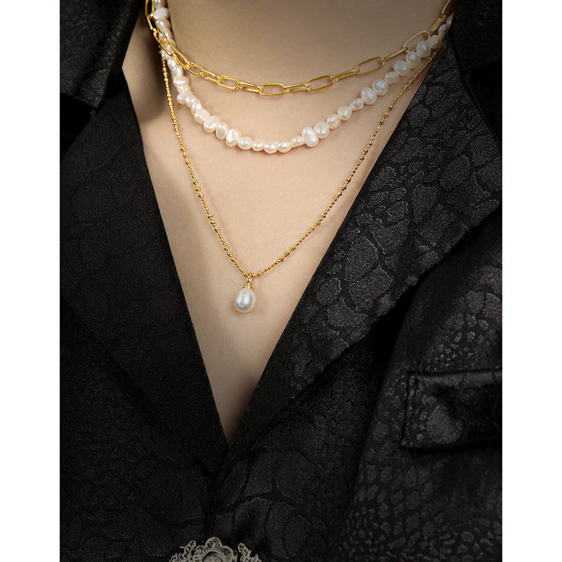 935 Korean version of ins style niche design simple texture fresh water pearl bead chain S925 sterling silver collarbone necklace women